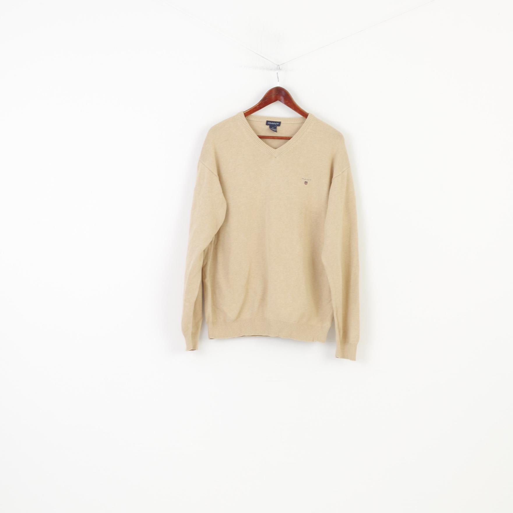 Gant Men L Jumper Cream Cotton V Neck Long Sleeve Classic Vintage Top