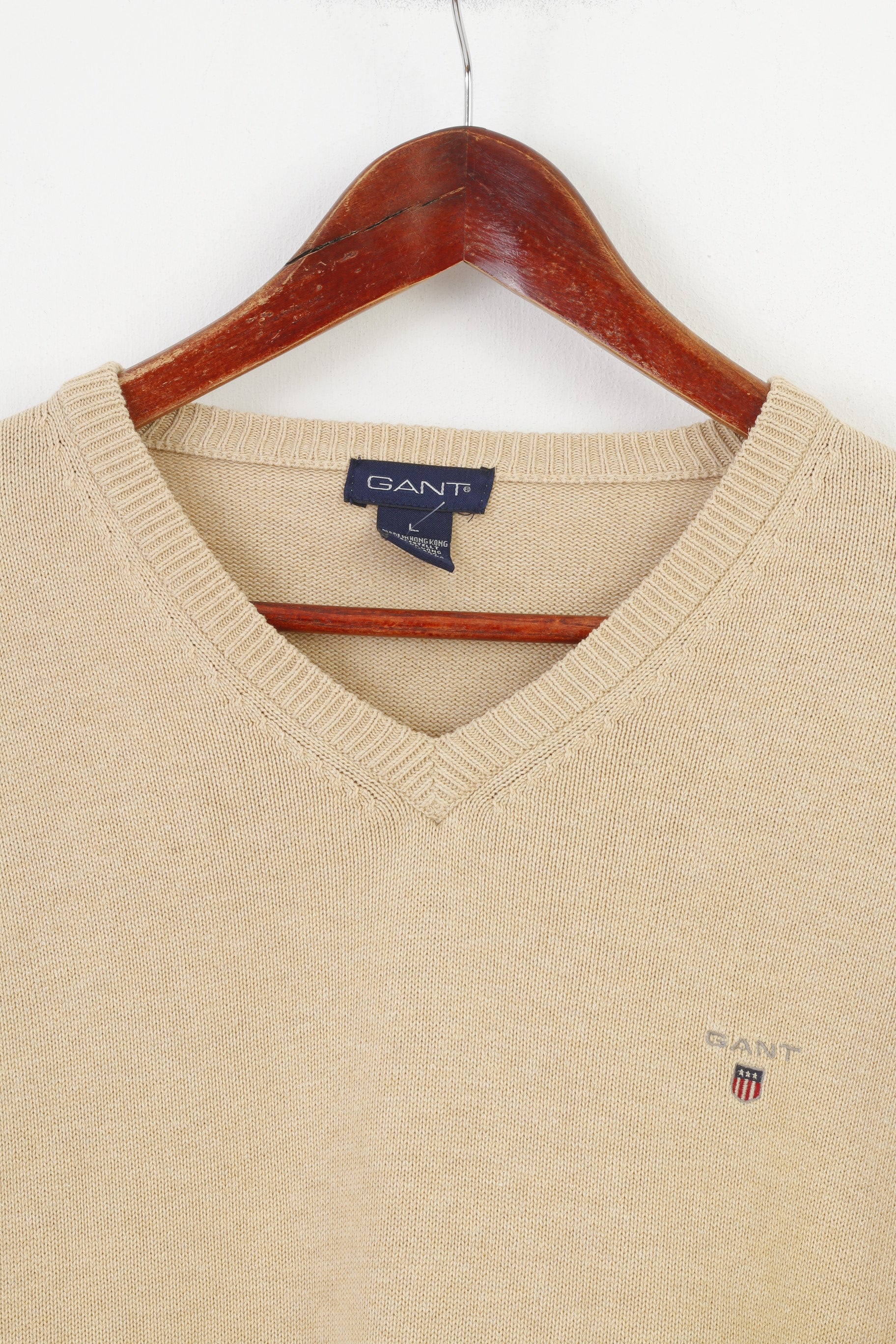 Gant Men L Jumper Beige Cotton V Neck Long Sleeve Classic Vintage Top