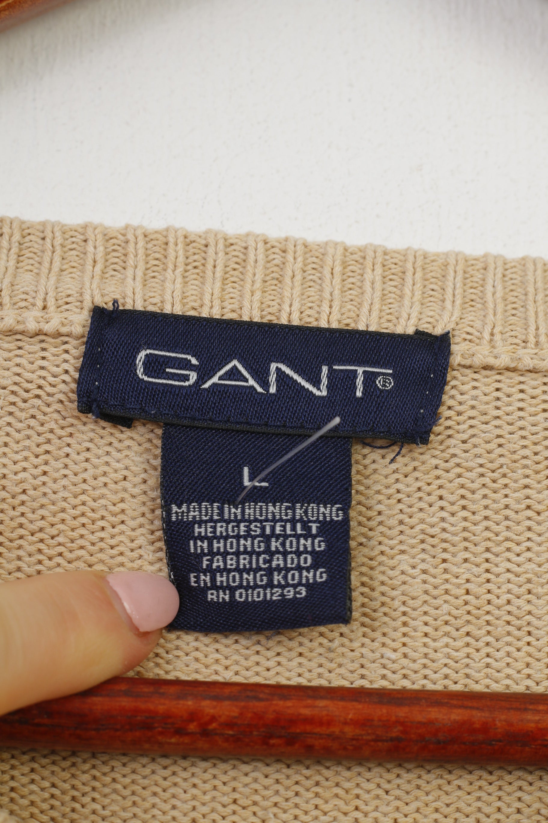 Gant Men L Jumper Beige Cotton V Neck Long Sleeve Classic Vintage Top