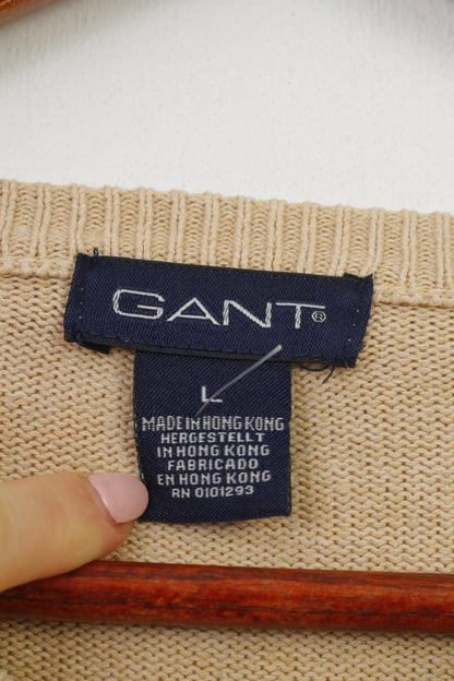 Gant Men L Jumper Beige Coton Col V Manches Longues Classique Vintage Top