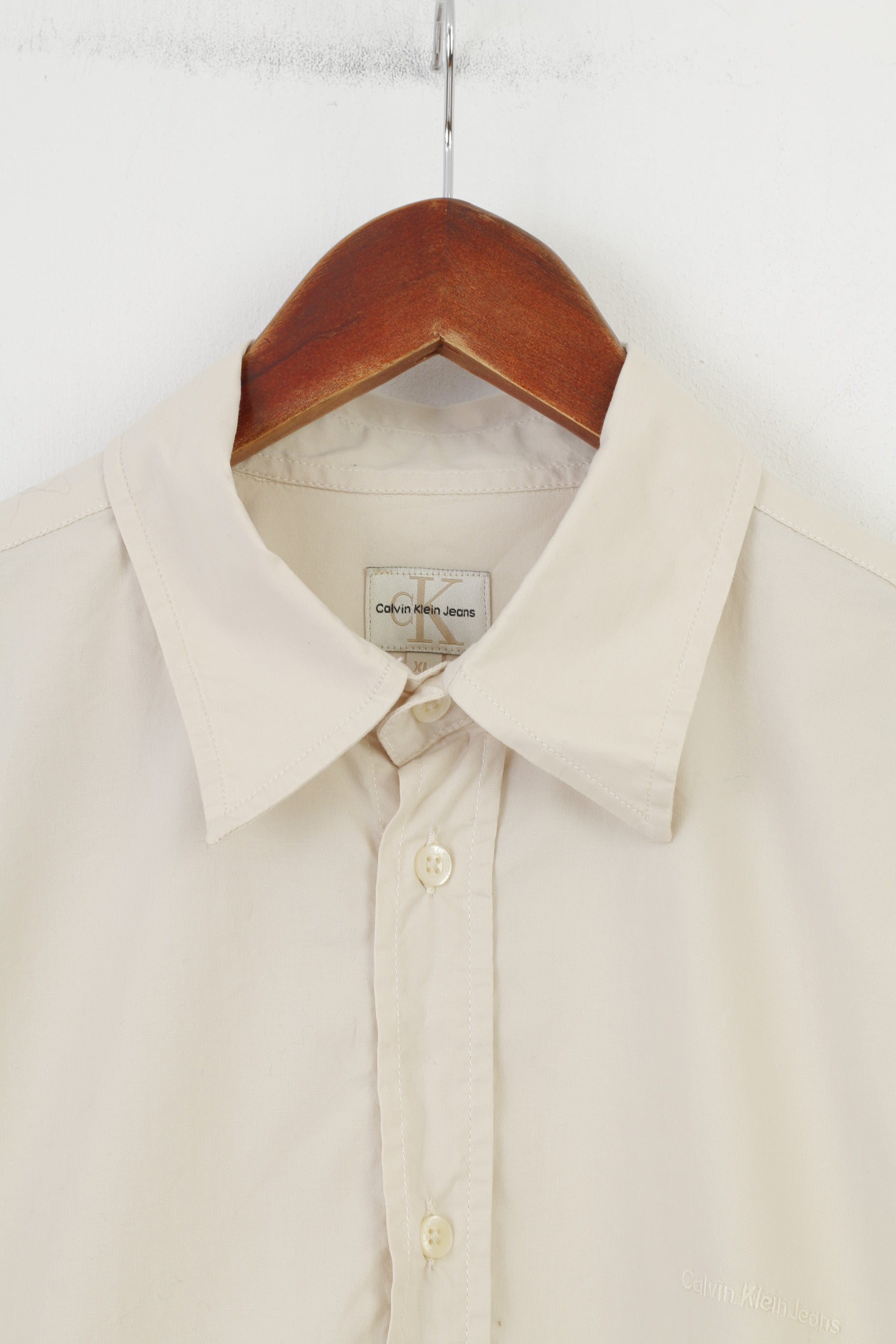 Calvin Klein Jeans Men XL Casual Shirt Cream Long Sleeve Collar Cotton Classic Top