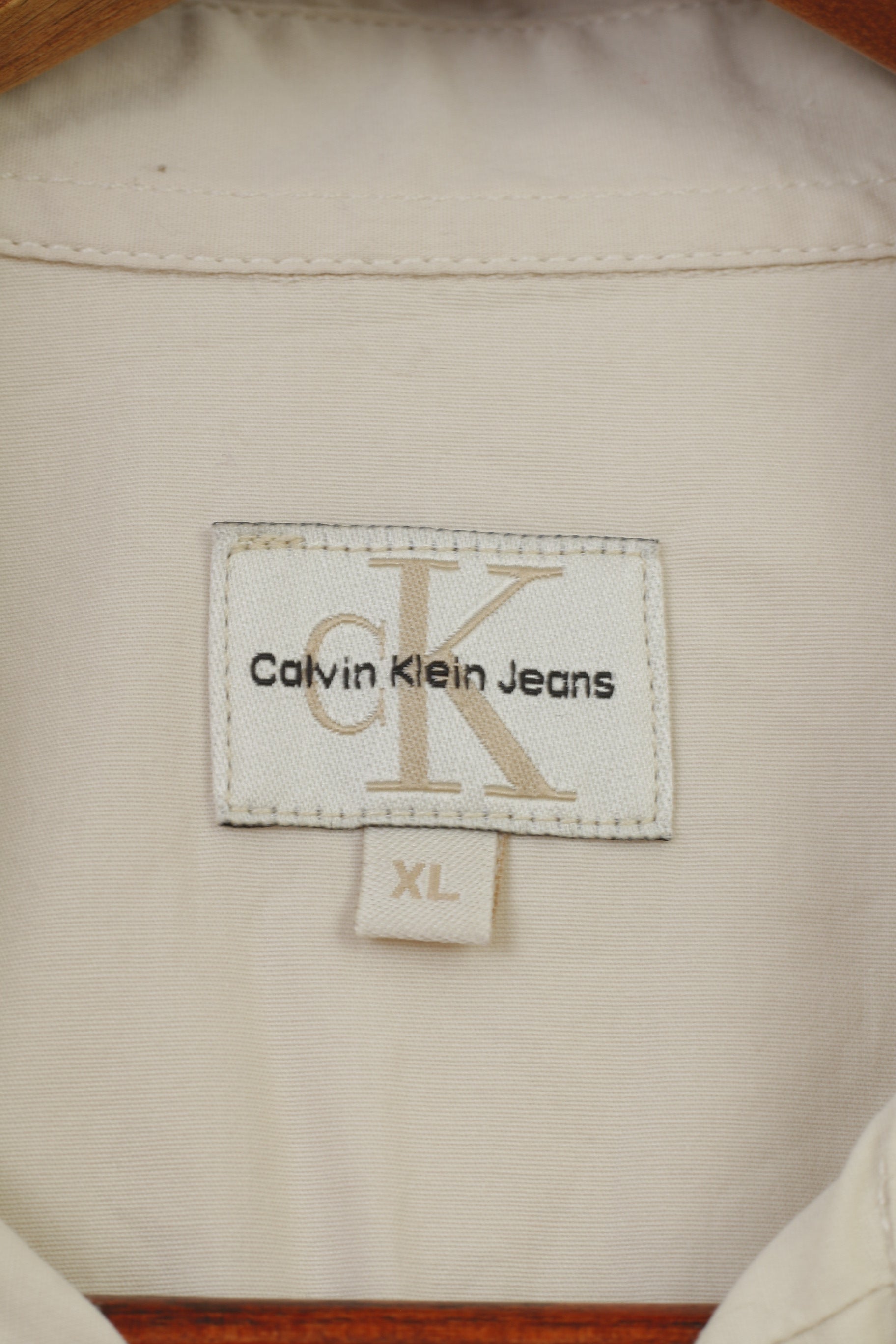 Calvin Klein Jeans Men XL Casual Shirt Cream Long Sleeve Collar Cotton Classic Top