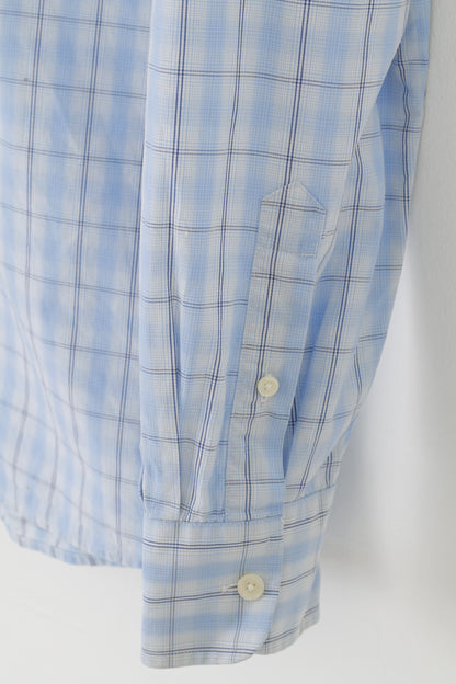 Jaeger Uomo M Camicia casual a quadri manica lunga in cotone blu Top classico