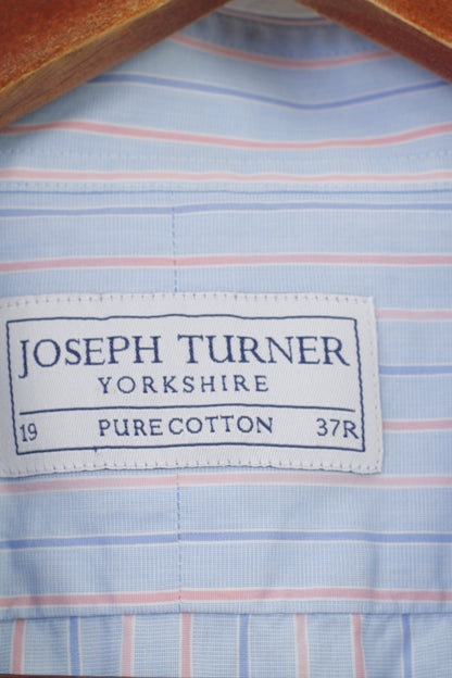 Joseph Turner Men 38 19 3XL Casual Shirt Striped Blue Long Sleeve Collar Cotton Cufflinks Classic Top