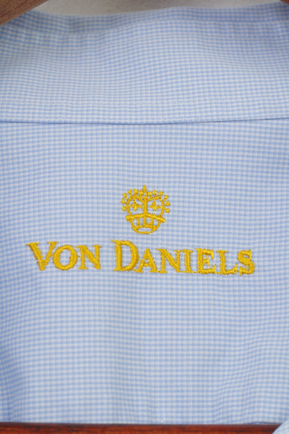 Von Daniels Men 46 XXL Casual Shirt Checkered Blue Long Sleeve Collar Cotton Elegant Classic Top