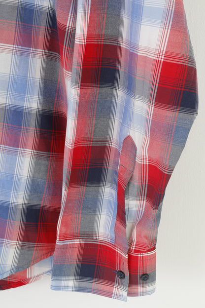 Jack Wolfskin Uomo XXL Camicia casual a quadretti Manica lunga Blu Colletto rosso Top in cotone