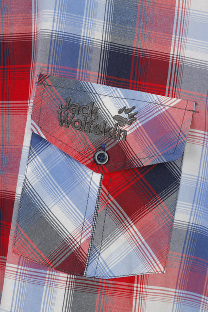 Jack Wolfskin Hommes XXL Chemise Décontractée À Carreaux Manches Longues Bleu Rouge Col Haut En Coton