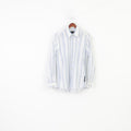Duck And Cover Men L Casual Shirt Striped Blue Long Sleeve Collar Cotton Top