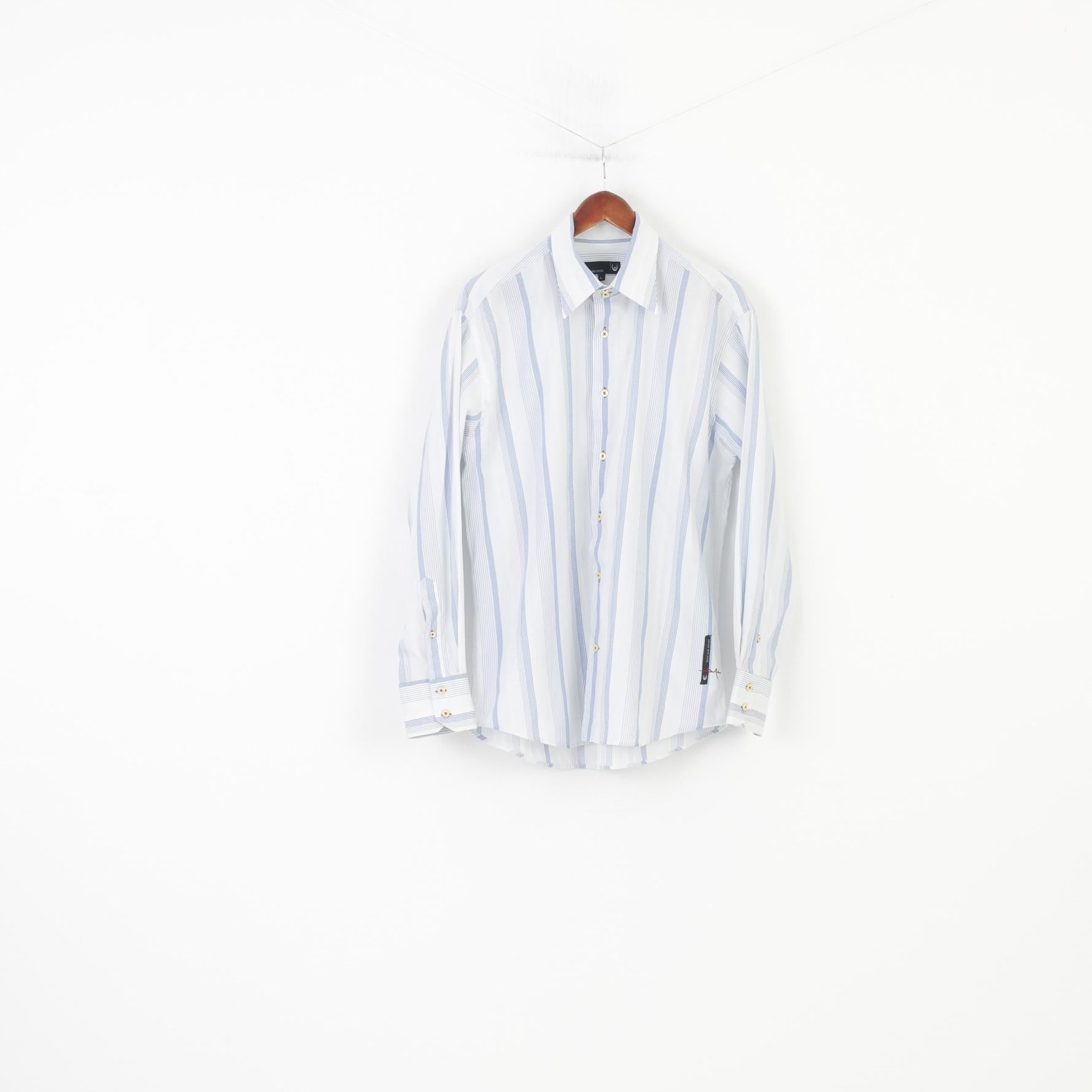 Duck And Cover Men L Casual Shirt Striped Blue Long Sleeve Collar Cotton Top