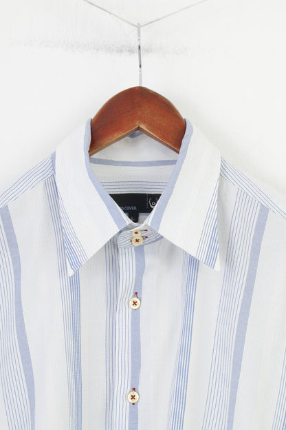 Duck And Cover Uomo L Camicia casual Top in cotone con colletto a maniche lunghe blu a righe