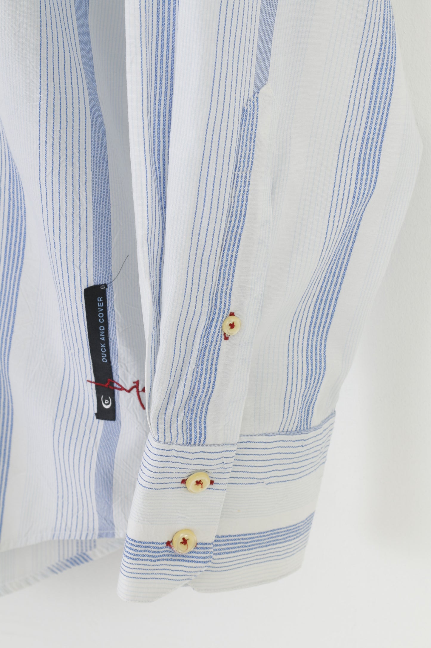 Duck And Cover Uomo L Camicia casual Top in cotone con colletto a maniche lunghe blu a righe