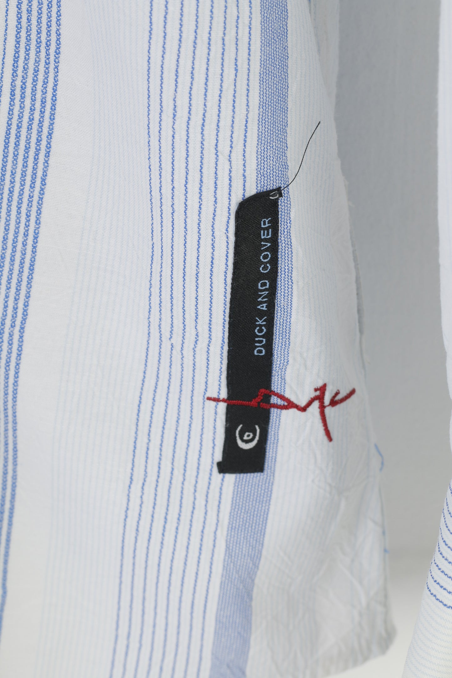 Duck And Cover Uomo L Camicia casual Top in cotone con colletto a maniche lunghe blu a righe