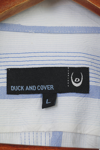 Duck And Cover Men L Casual Shirt Striped Blue Long Sleeve Collar Cotton Top