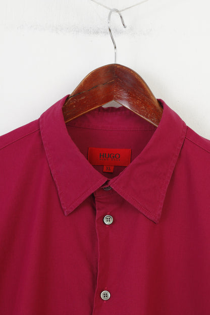 Hugo Boss Hommes XL Chemise décontractée Bordeaux Col à manches longues Haut en coton stretch