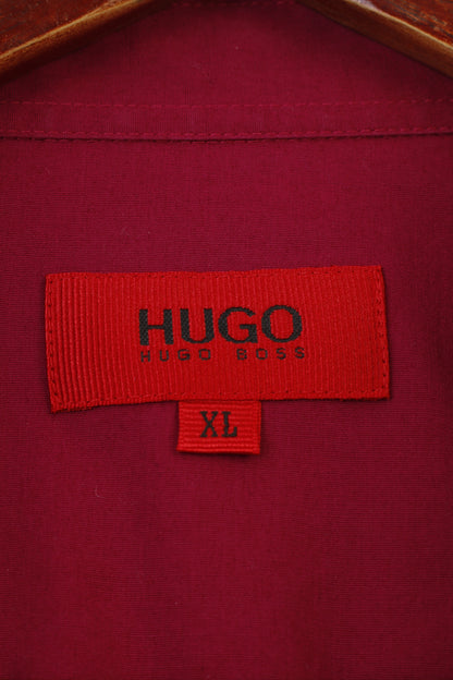 Hugo Boss Camicia casual da uomo XL Top in cotone elasticizzato con colletto a maniche lunghe bordeaux