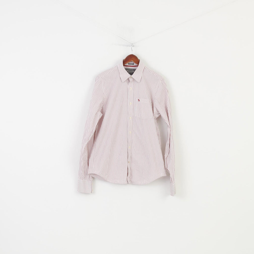 Abercrombie&Fitch Men L Casual Shirt Striped White Collar Long Sleeve Muscle New York  Cotton Top