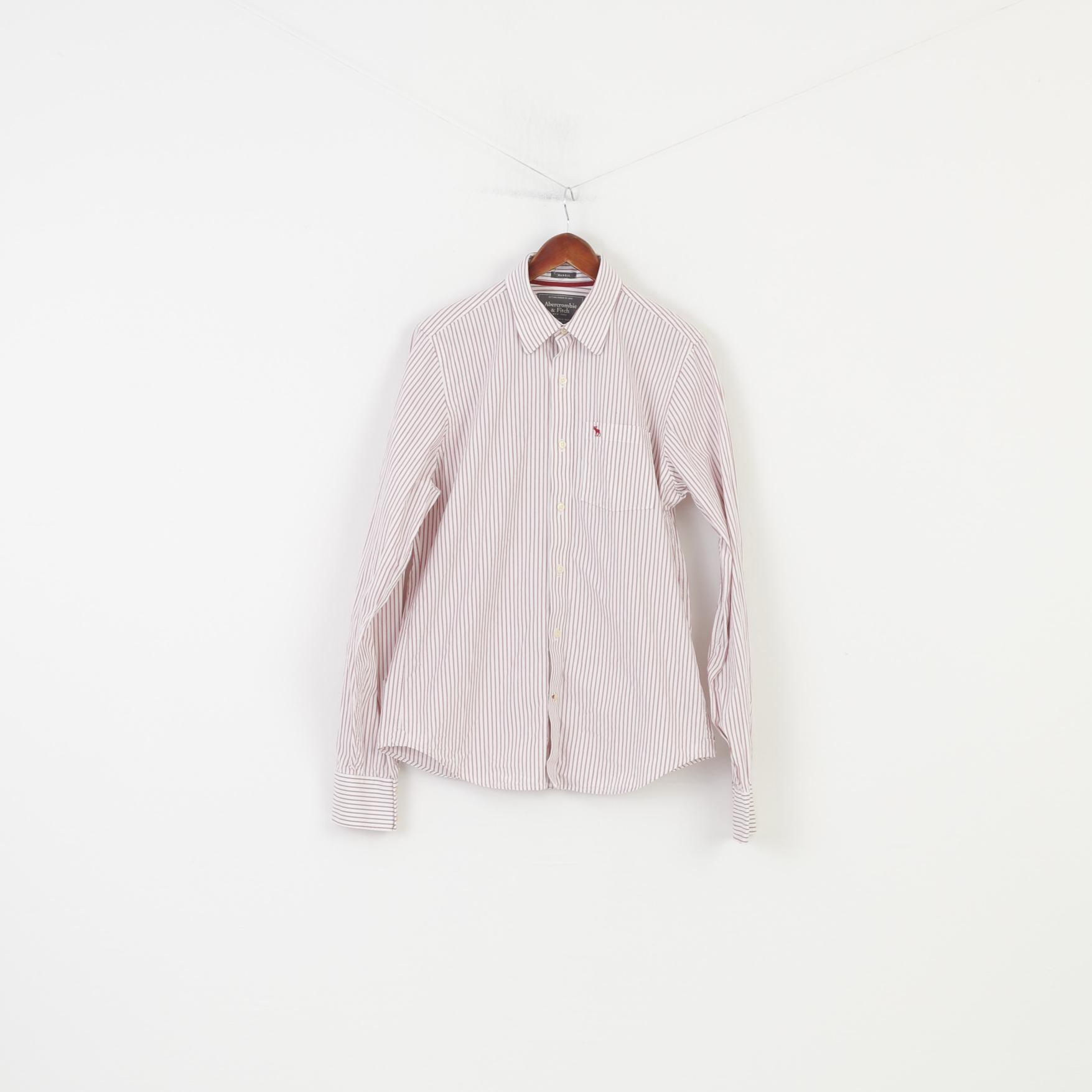 Abercrombie&Fitch Men L Casual Shirt Striped White Collar Long Sleeve Muscle New York  Cotton Top