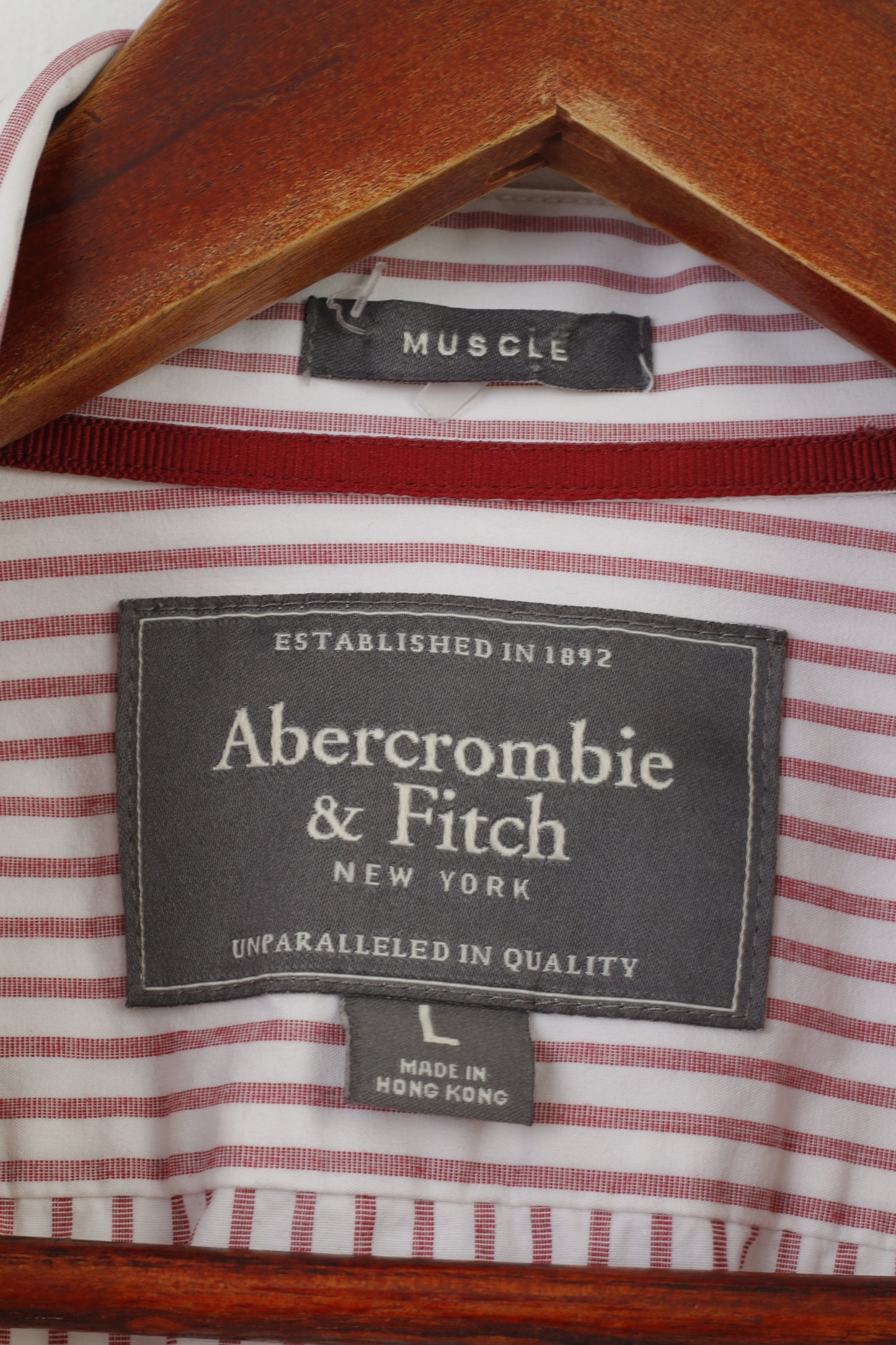 Abercrombie &amp; Fitch Camicia casual da uomo L a righe Colletto bianco Manica lunga Muscle New York Top in cotone