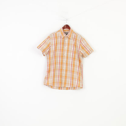 Fundamentals Men L Casual Shirt Checkered Orange Short Sleeve Cotton Collar Top