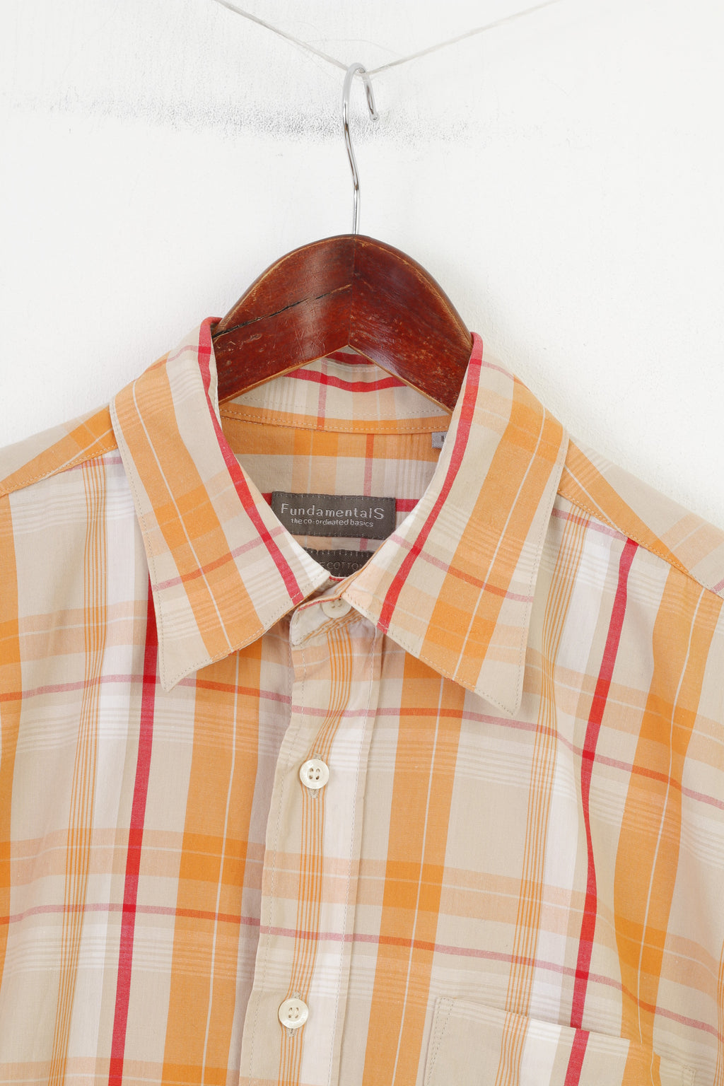 Fundamentals Men L Casual Shirt Checkered Orange Short Sleeve Cotton Collar Top