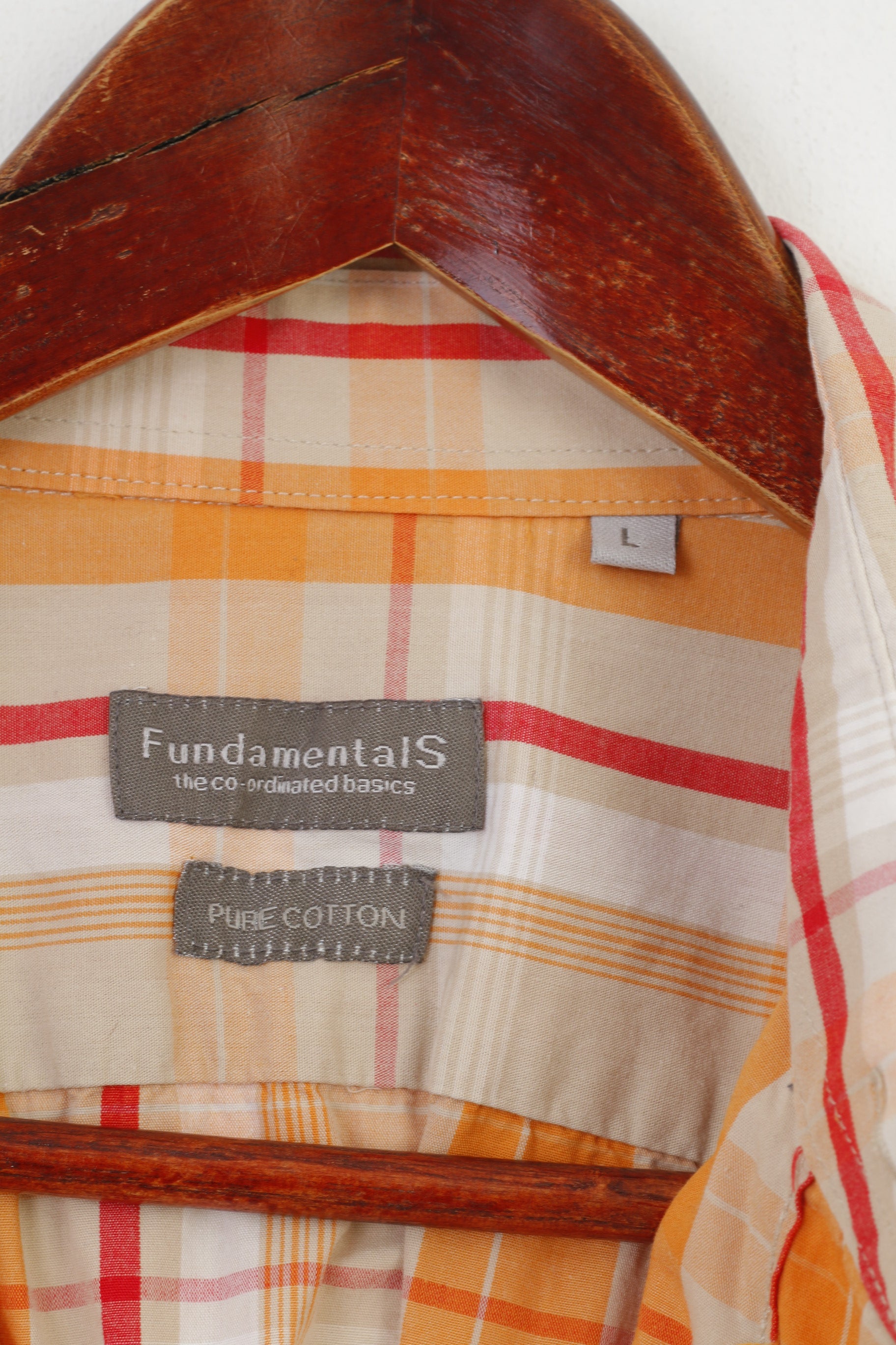 Fundamentals Men L Casual Shirt Checkered Orange Short Sleeve Cotton Collar Top