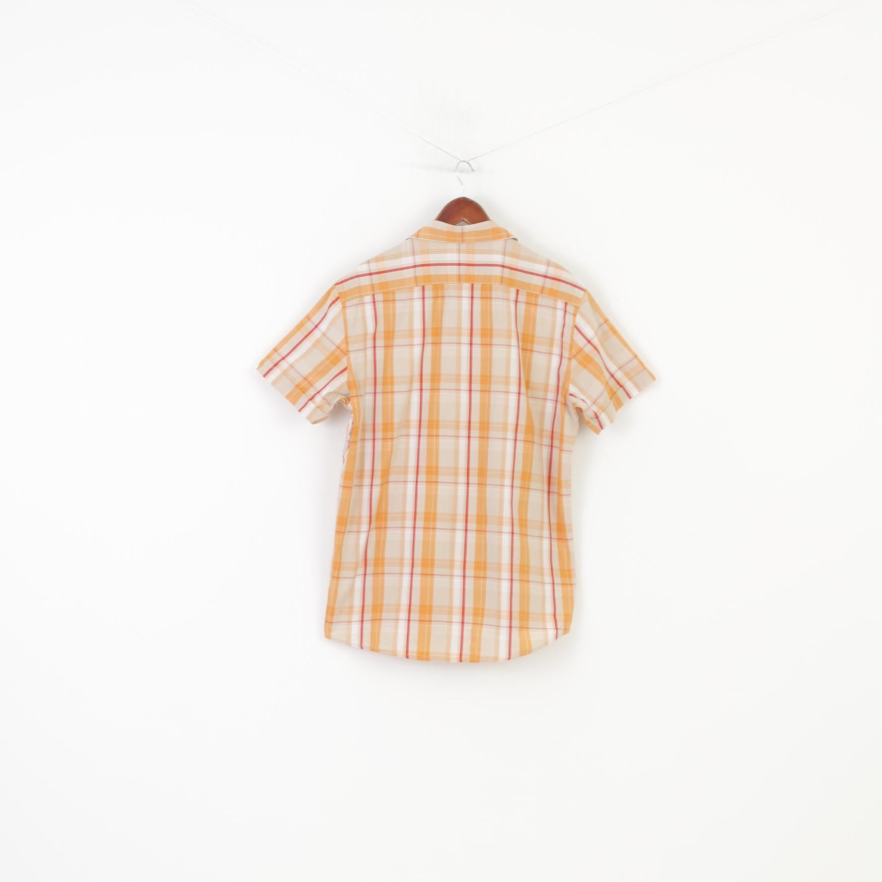 Fundamentals Men L Casual Shirt Checkered Orange Short Sleeve Cotton Collar Top