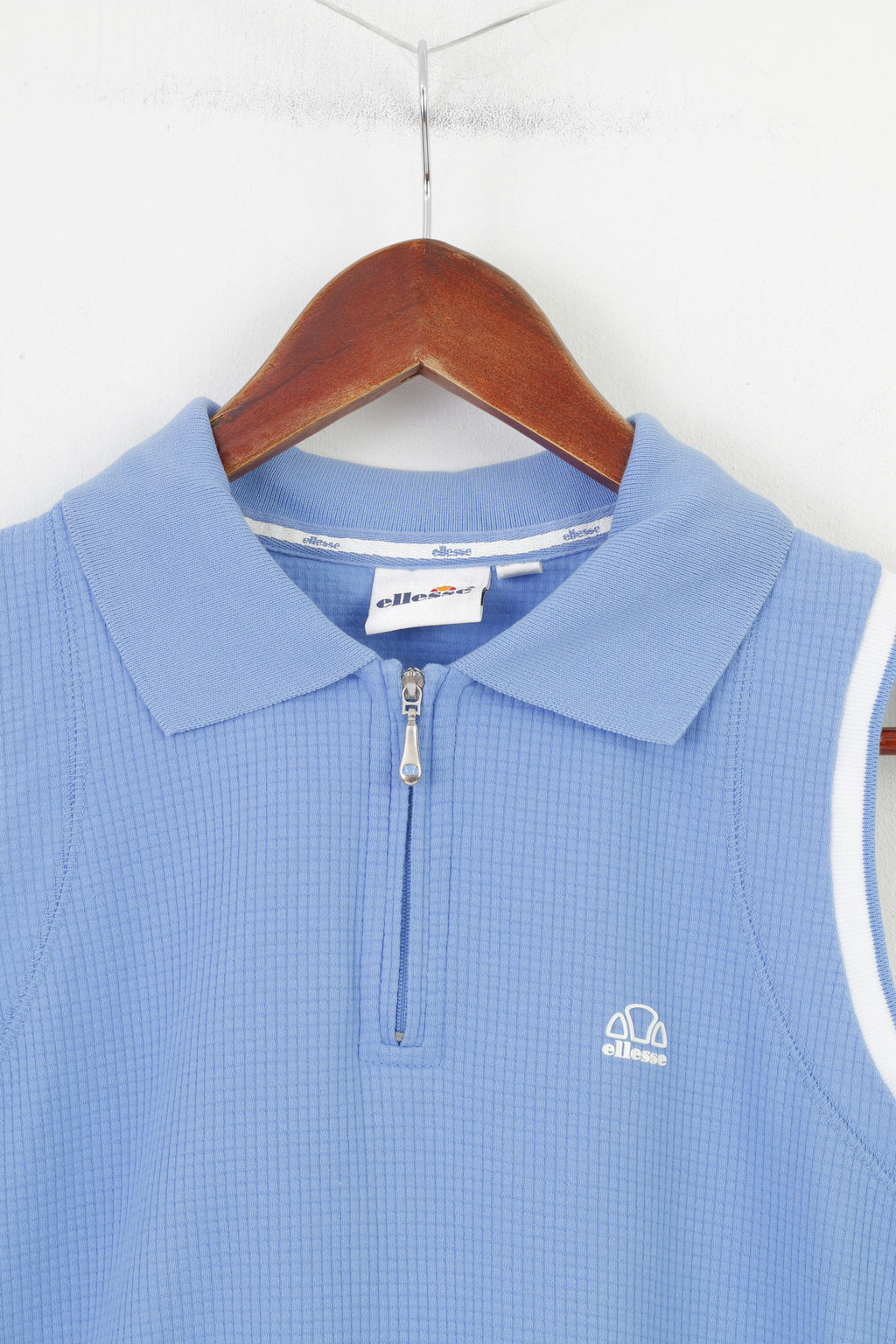 Ellesse Maglia da Donna 10 S Senza Maniche in Cotone Blu Abbigliamento Sportivo con Zip e Collo Canotta Vintage Top 