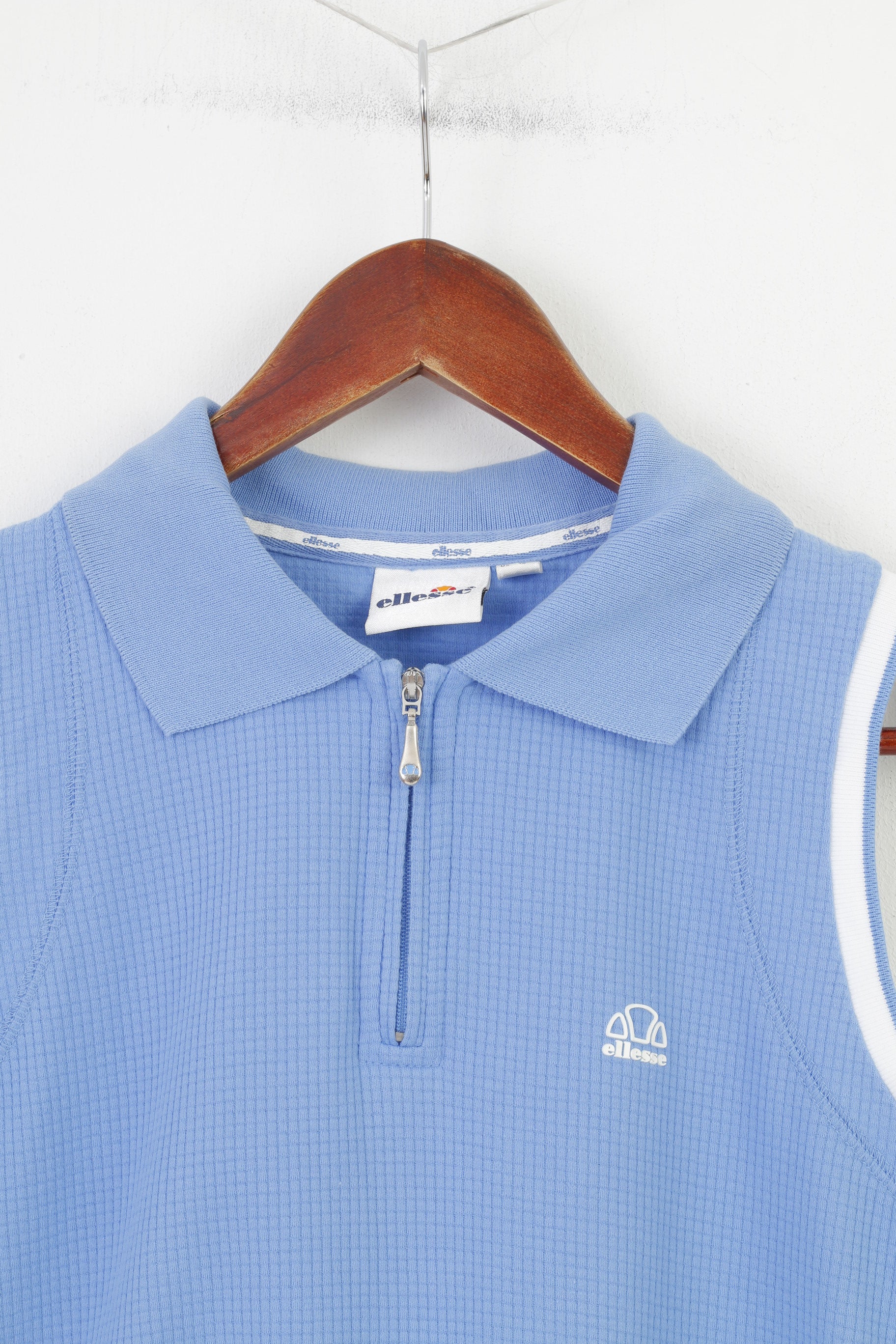 Ellesse Maglia da Donna 10 S Senza Maniche in Cotone Blu Abbigliamento Sportivo con Zip e Collo Canotta Vintage Top 