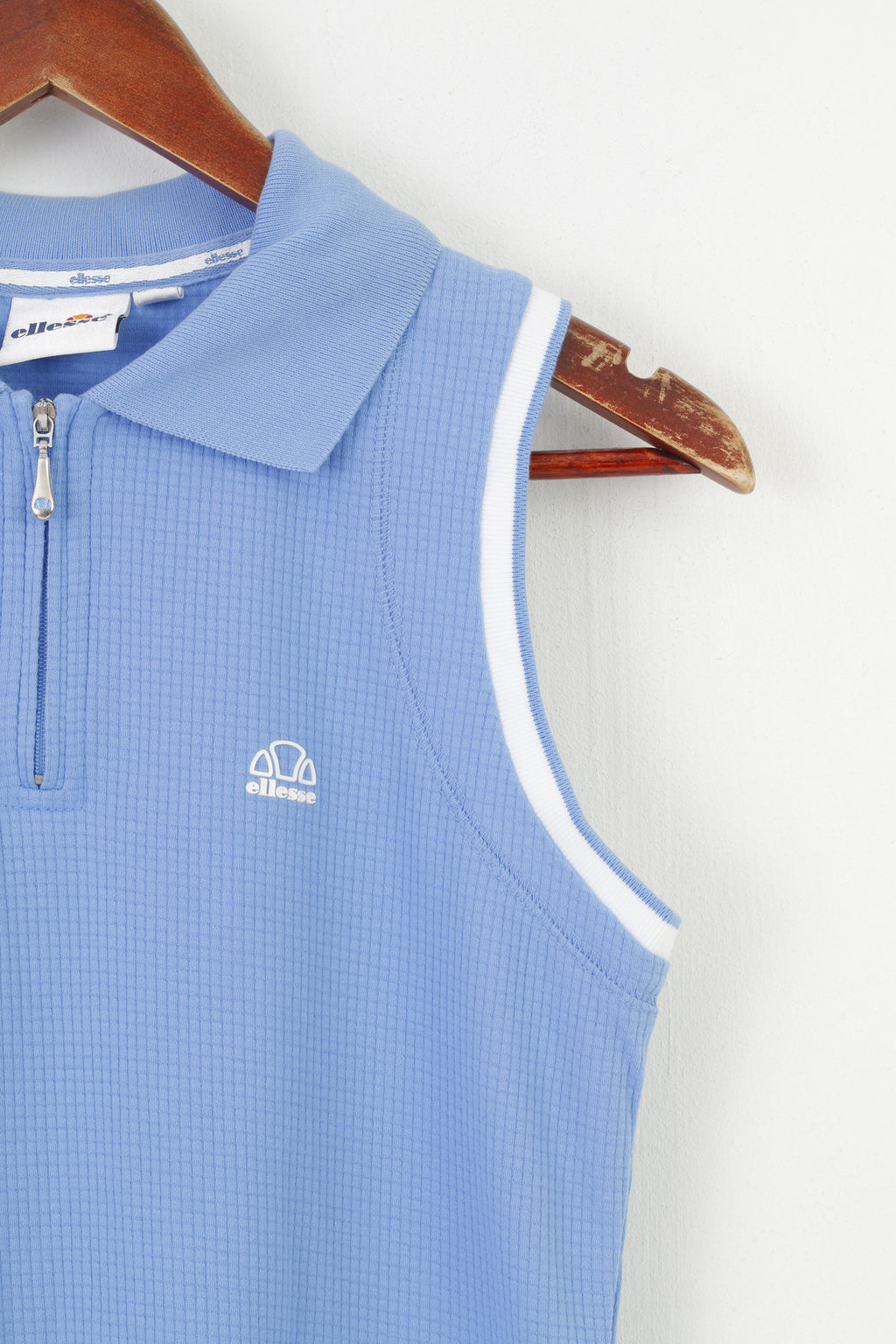 Ellesse Maglia da Donna 10 S Senza Maniche in Cotone Blu Abbigliamento Sportivo con Zip e Collo Canotta Vintage Top 