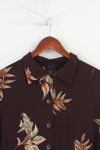 Elvi Women 18 2XL Casual Shirt Brown Flower Print Long Sleeve Shoulder Pads Collar Top