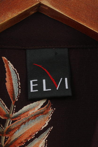 Elvi Women 18 2XL Casual Shirt Brown Flower Print Long Sleeve Shoulder Pads Collar Top