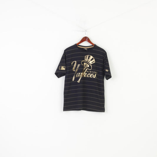  Cooperstown Men L T-Shirt Black Cotton Gold Striped New York Majestic Athletic  Yankees Crew Neck Top