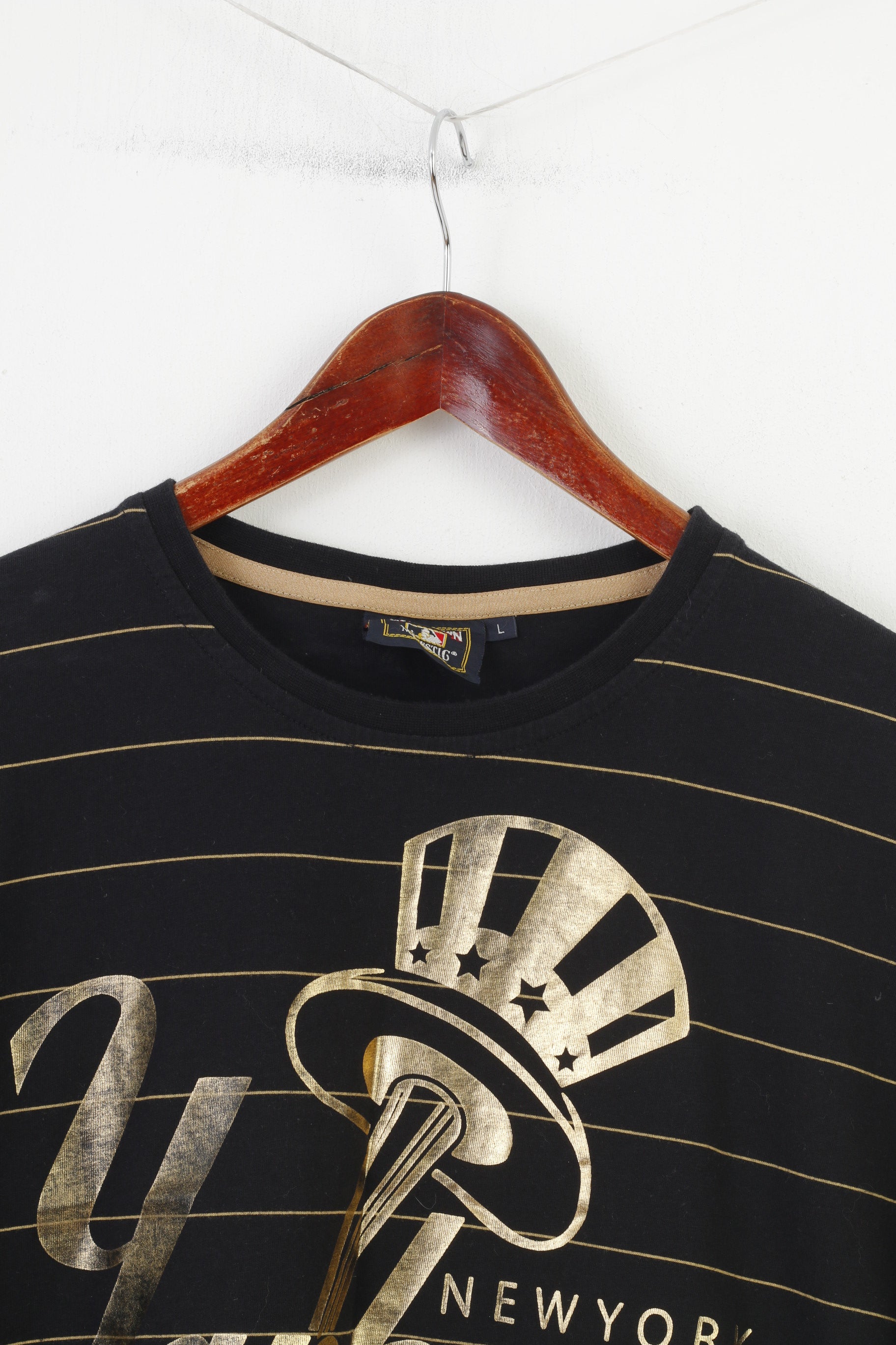 Cooperstown Men L T-Shirt Black Cotton Gold Striped New York Majestic Athletic  Yankees Crew Neck Top