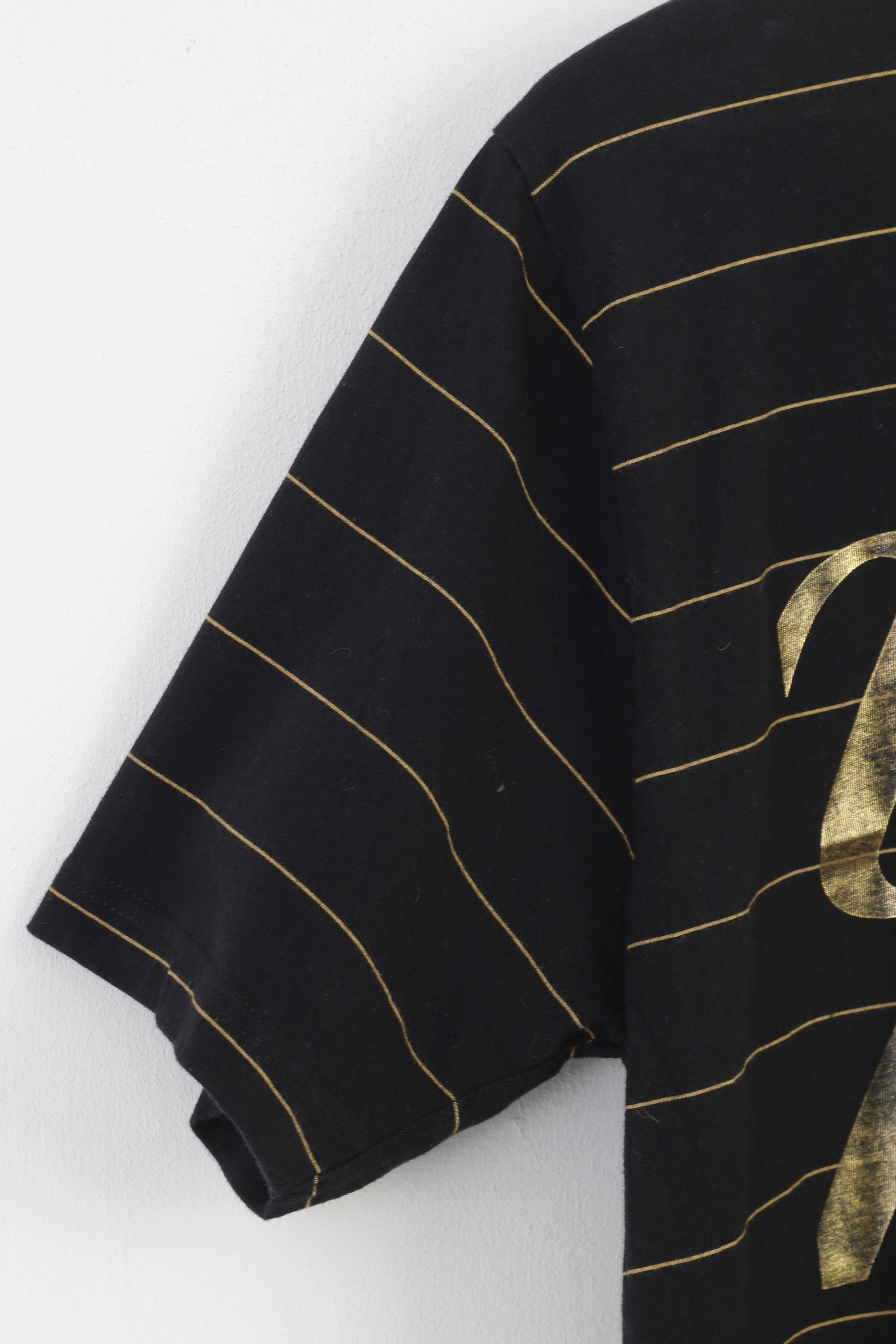 Cooperstown Men L T-Shirt Black Cotton Gold Striped New York Majestic Athletic  Yankees Crew Neck Top