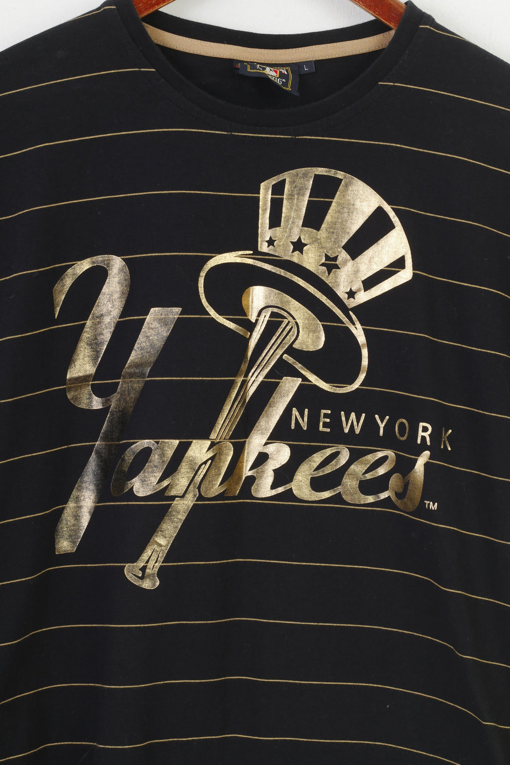 Cooperstown Men L T-Shirt Black Cotton Gold Striped New York Majestic Athletic  Yankees Crew Neck Top