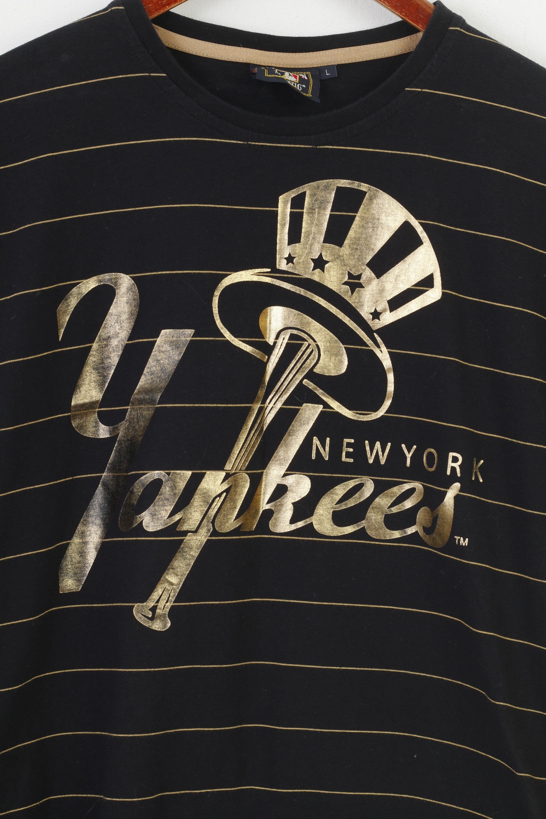 Cooperstown Men L T-Shirt Black Cotton Gold Striped New York Majestic Athletic  Yankees Crew Neck Top