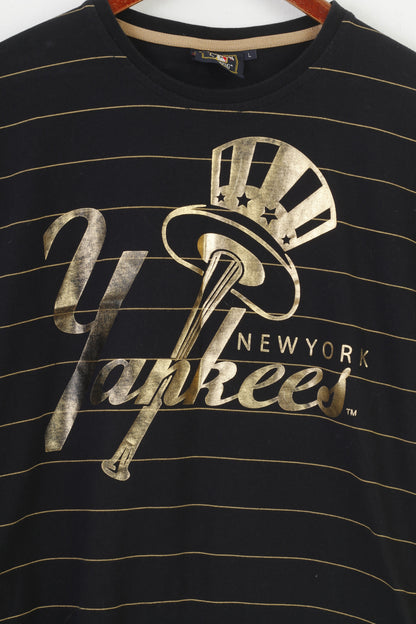 Cooperstown Hommes L T-Shirt Noir Coton Or Rayé New York Majestic Athletic Yankees Ras du Cou Haut