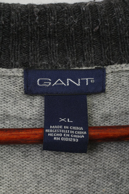 Gant Uomo XL Maglione Grigio Misto Lana Cotone Maglione Morbido Collo con Zip Colletto Vintage Top