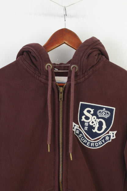 Superdry Hommes M Sweat Capuche Rembourré Fermeture Éclair Complète Bordeaux Coton Sweat À Capuche Vintage Top 