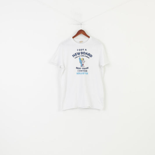 Hollister California Men XL T-Shirt White Cotton Graphic New Board Summer Vintage Crew Neck Top