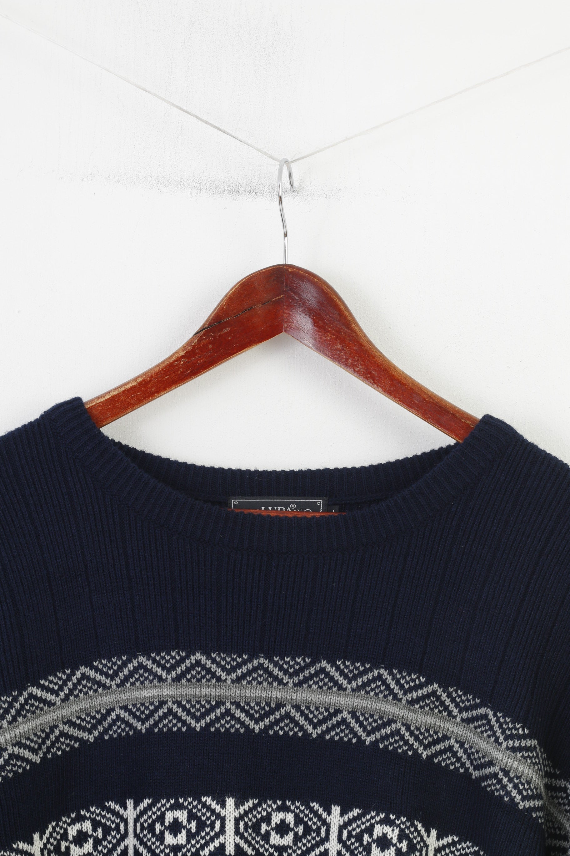 Lupa Men XL Jumper Navy Acrylic Nordic Crew Neck Menswear Geomteric Print  Sweater