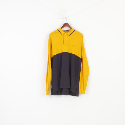 Polo by Ralph Lauren Men XL Polo Shirt Navy Yellow Long Sleeve  Cotton Collar Vintage Top