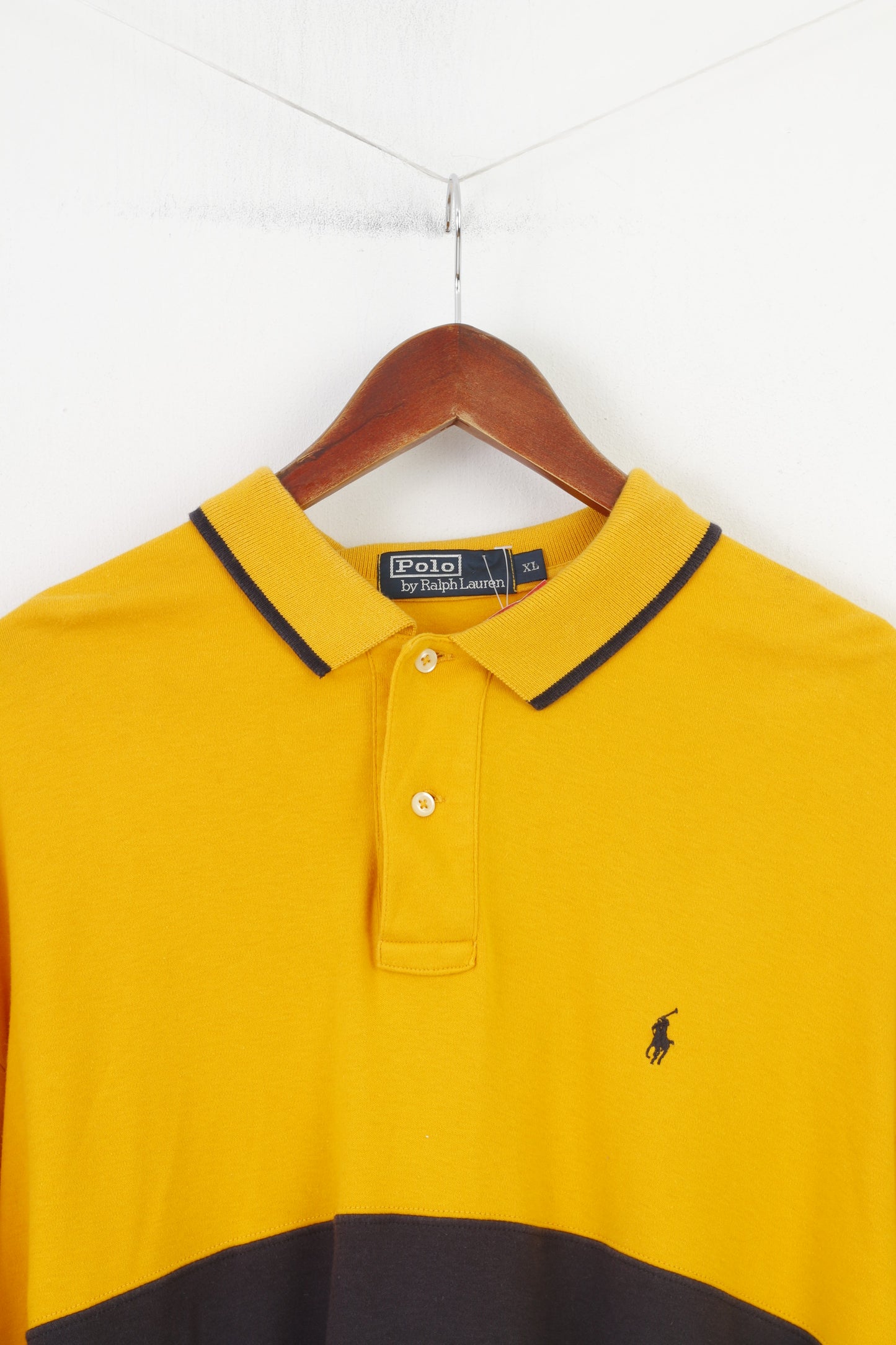 Polo by Ralph Lauren Men XL Polo Shirt Navy Yellow Long Sleeve  Cotton Collar Vintage Top