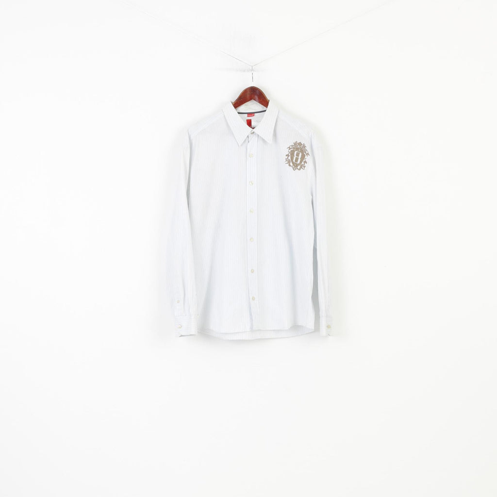 S.Oliver Men XL Casual Shirt Striped Cotton Blue Long Sleeve Collar Classic Fit  Top