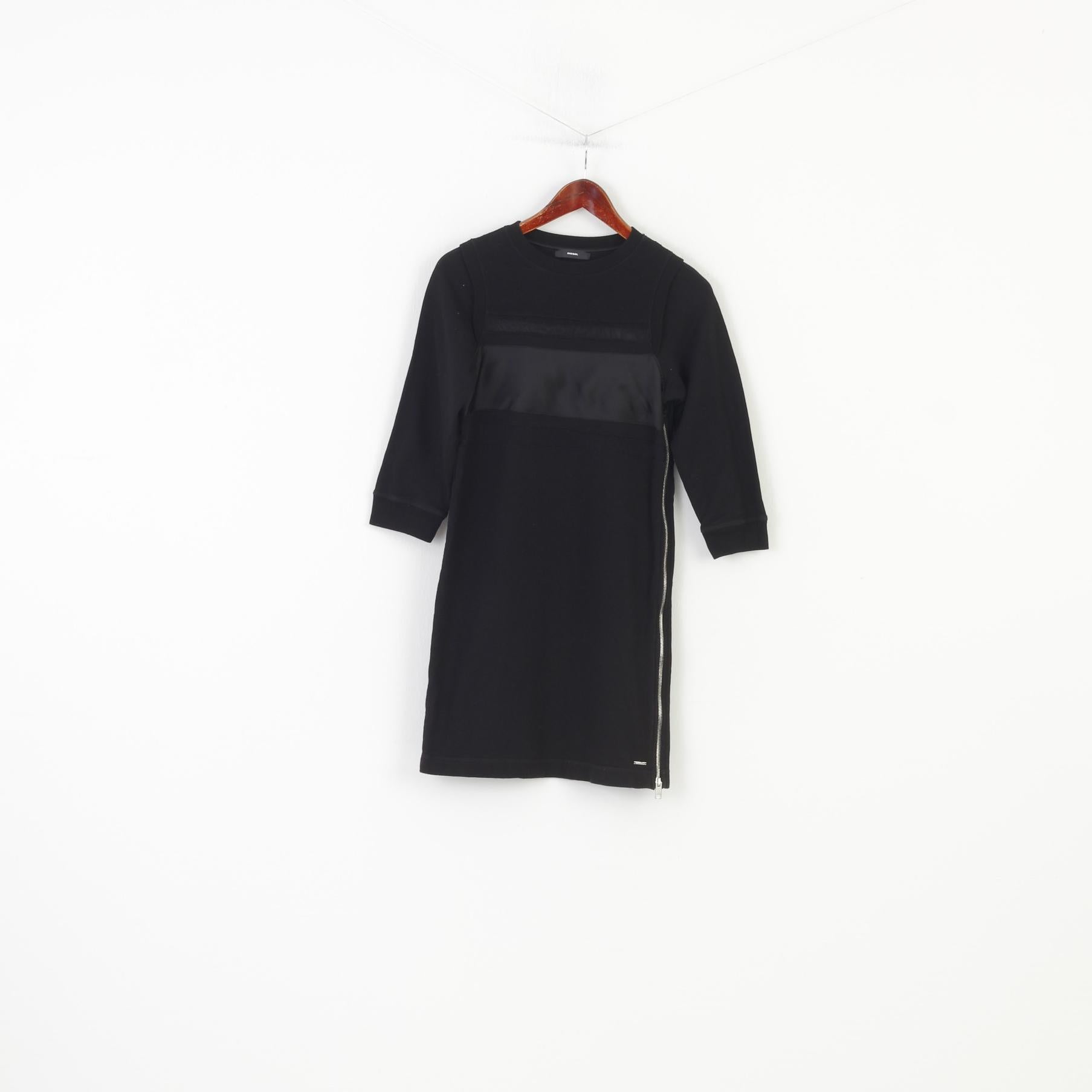 Diesel Woman S Dress Black Cotton Long Sleeve Crew Neck Zipper Vintage Top