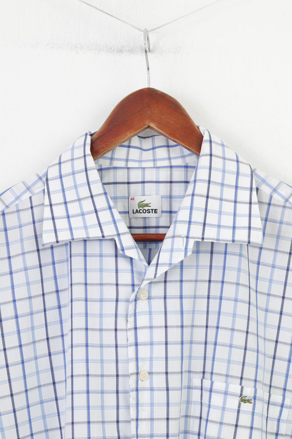 Lacoste Men 46 XL Casual Shirt Checkered Blue Short Sleeve Classic Collar Cotton Top
