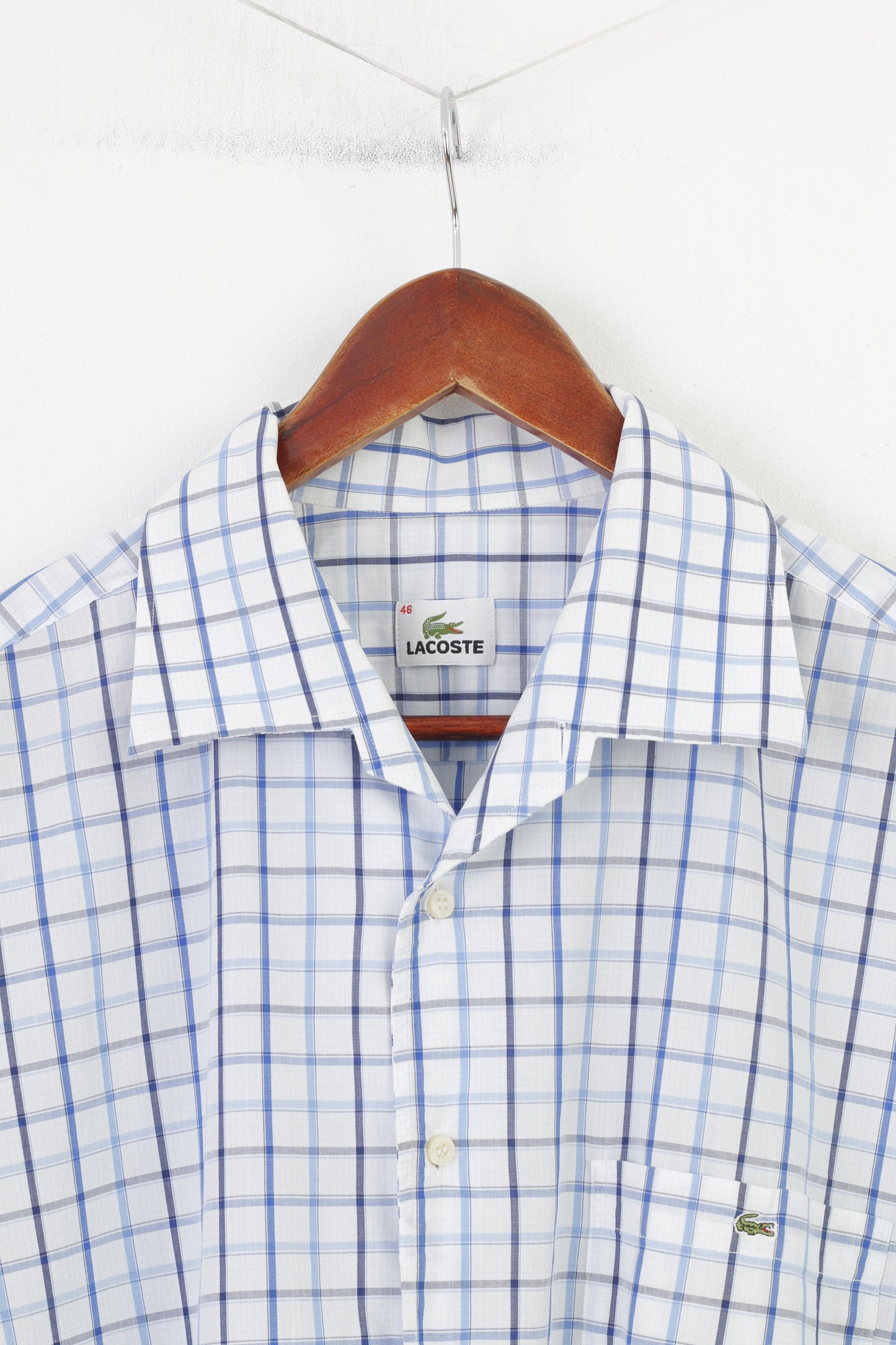 Lacoste Men 46 Casual Shirt Checkered Blue Short Sleeve Classic Collar Cotton Top