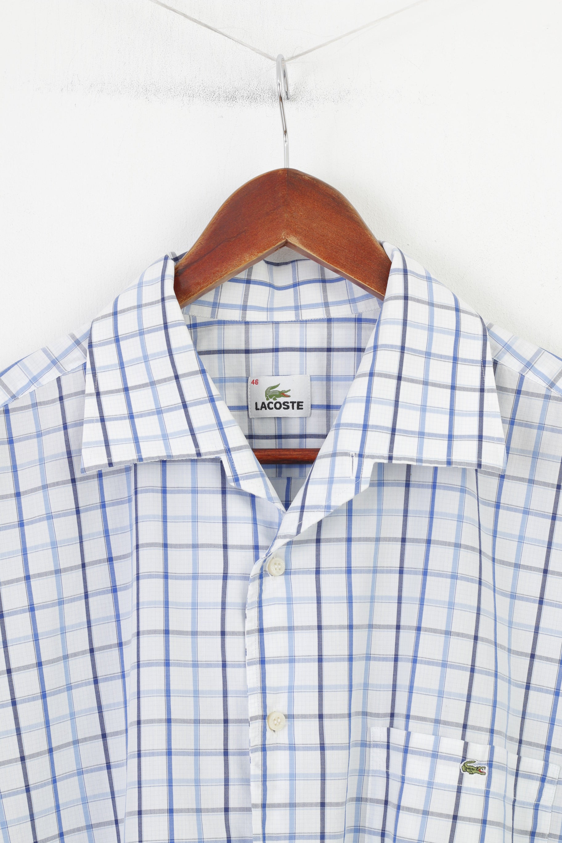 Lacoste Men 46 Casual Shirt Checkered Blue Short Sleeve Classic Collar