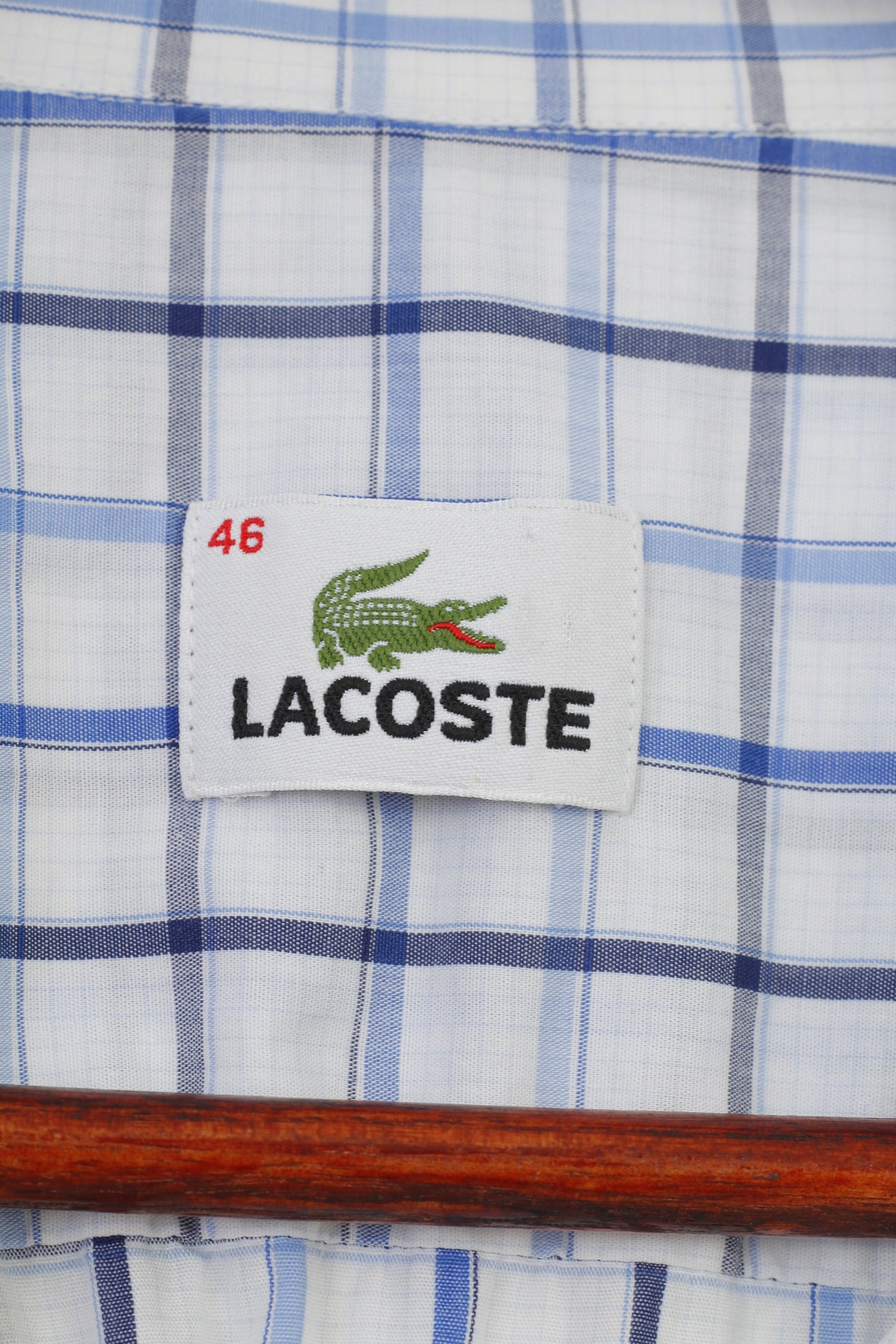 Lacoste Men 46 Casual Shirt Checkered Blue Short Sleeve Classic Collar Cotton Top