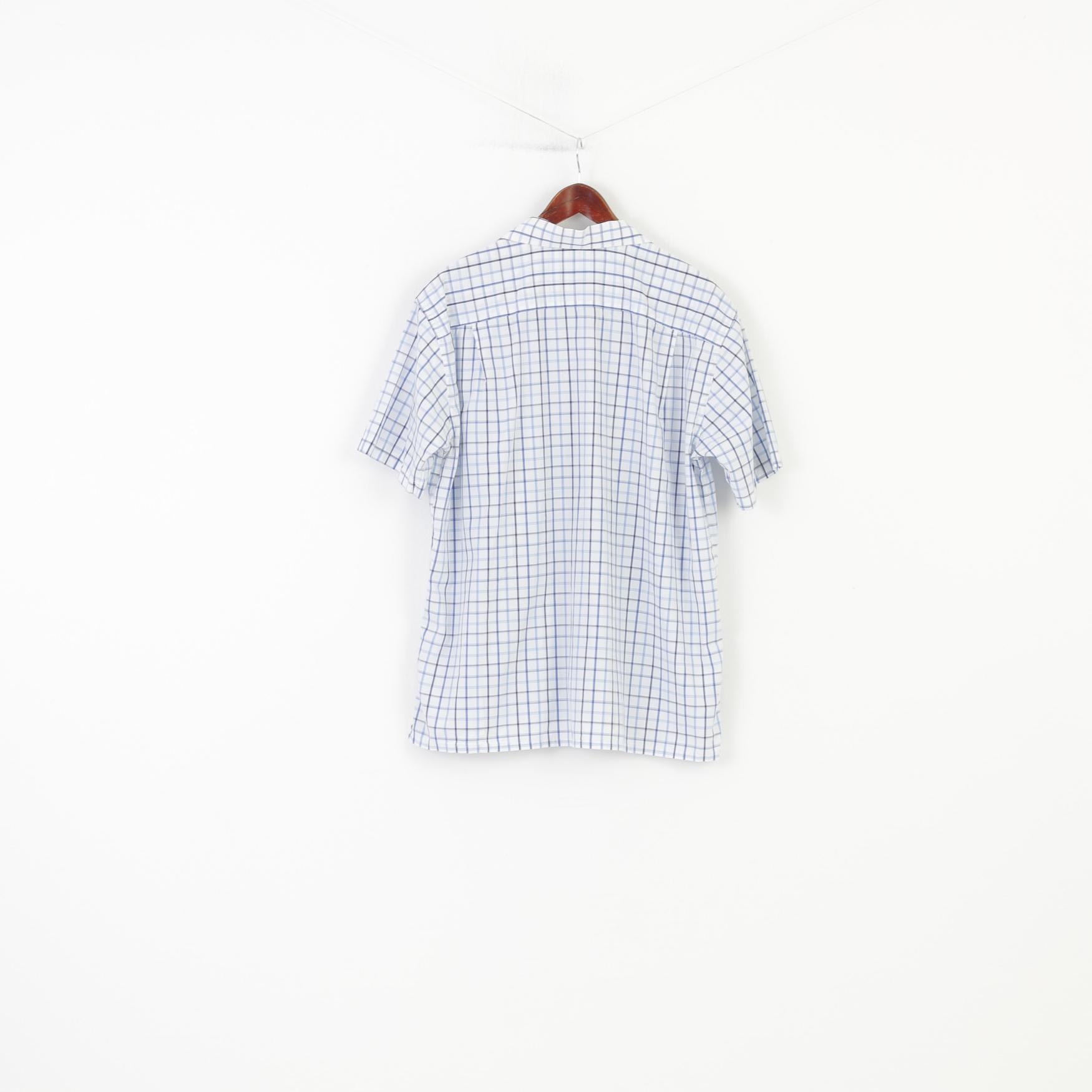 Lacoste Men 46 XL Casual Shirt Checkered Blue Short Sleeve Classic Collar Cotton Top
